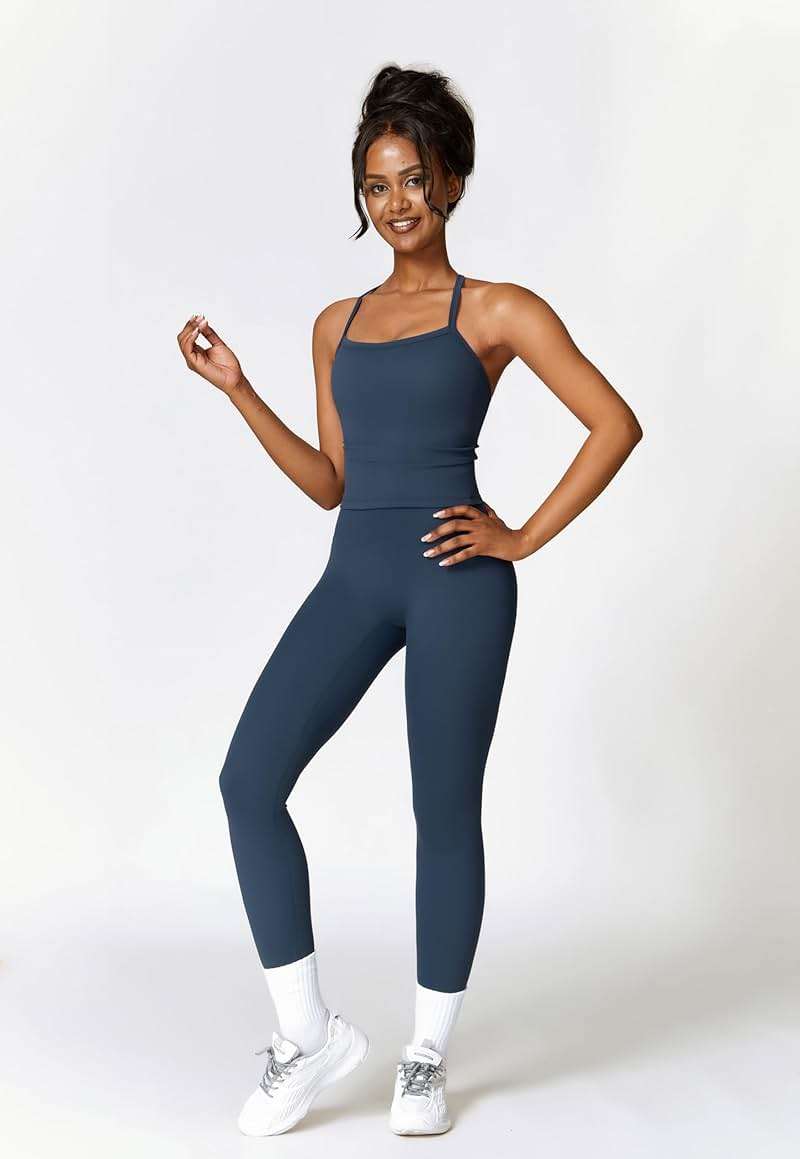QBGJTD Womens Workout Sets Two Piece Cross Back Tank Top Matching High Waist Leggings Sets Gym Outfits Work Out Clothes - Image 3