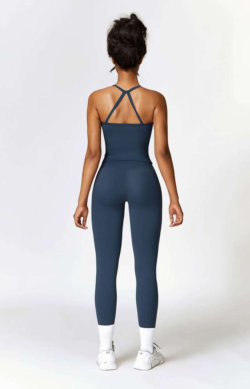 QBGJTD Womens Workout Sets Two Piece Cross Back Tank Top Matching High Waist Leggings Sets Gym Outfits Work Out Clothes - Image 4