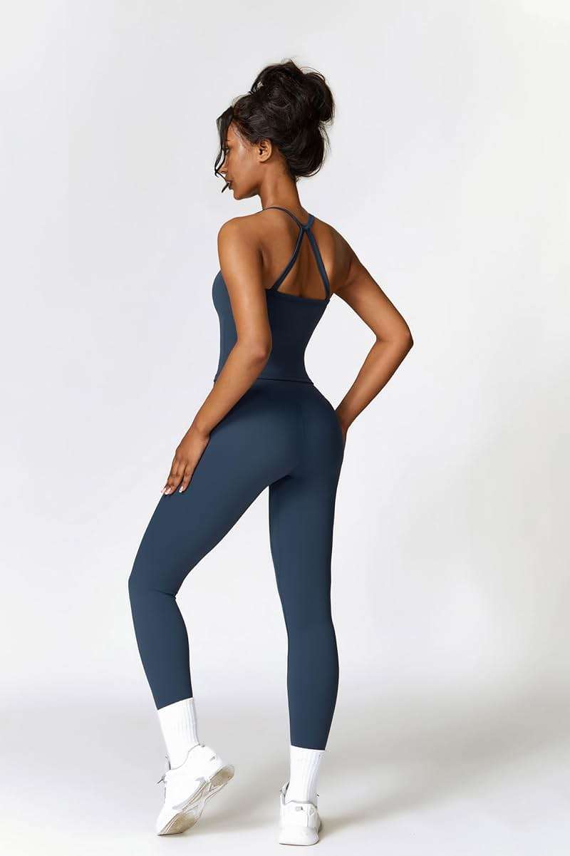 QBGJTD Womens Workout Sets Two Piece Cross Back Tank Top Matching High Waist Leggings Sets Gym Outfits Work Out Clothes - Image 5