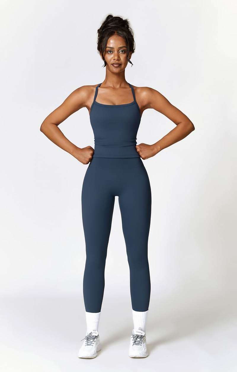 QBGJTD Womens Workout Sets Two Piece Cross Back Tank Top Matching High Waist Leggings Sets Gym Outfits Work Out Clothes - Image 6