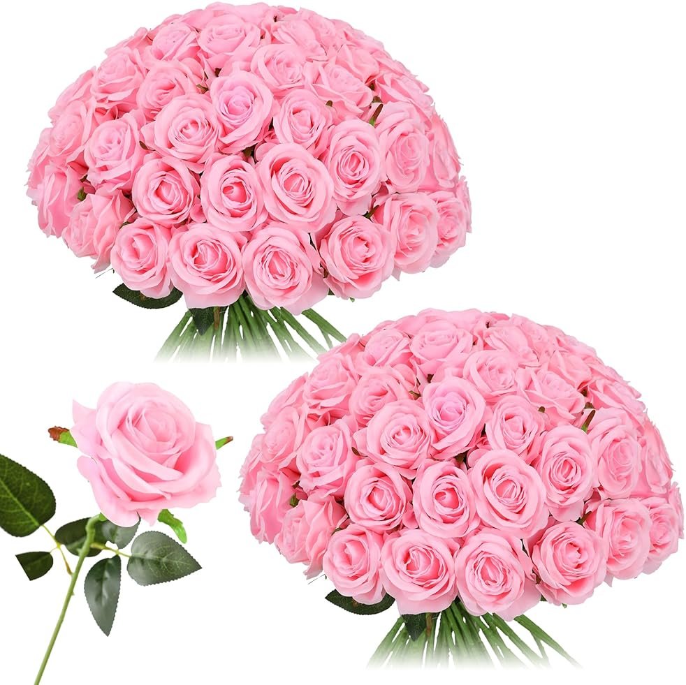 Nubry 50pcs Artificial Silk Roses Bulk,Fake Roses Flower with Stems Realistic Flowers for Wedding Centerpiece Home Party Decor(Pink) - Product Image