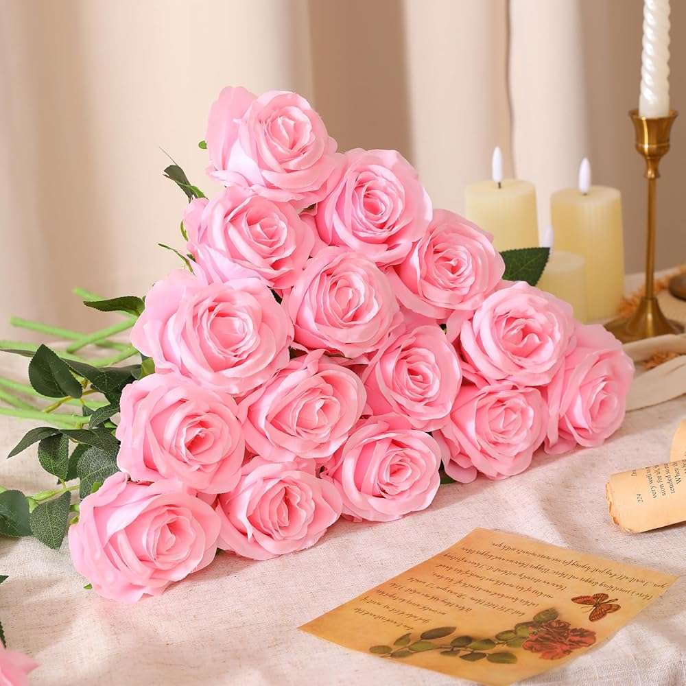 Nubry 50pcs Artificial Silk Roses Bulk,Fake Roses Flower with Stems Realistic Flowers for Wedding Centerpiece Home Party Decor(Pink) - Image 2