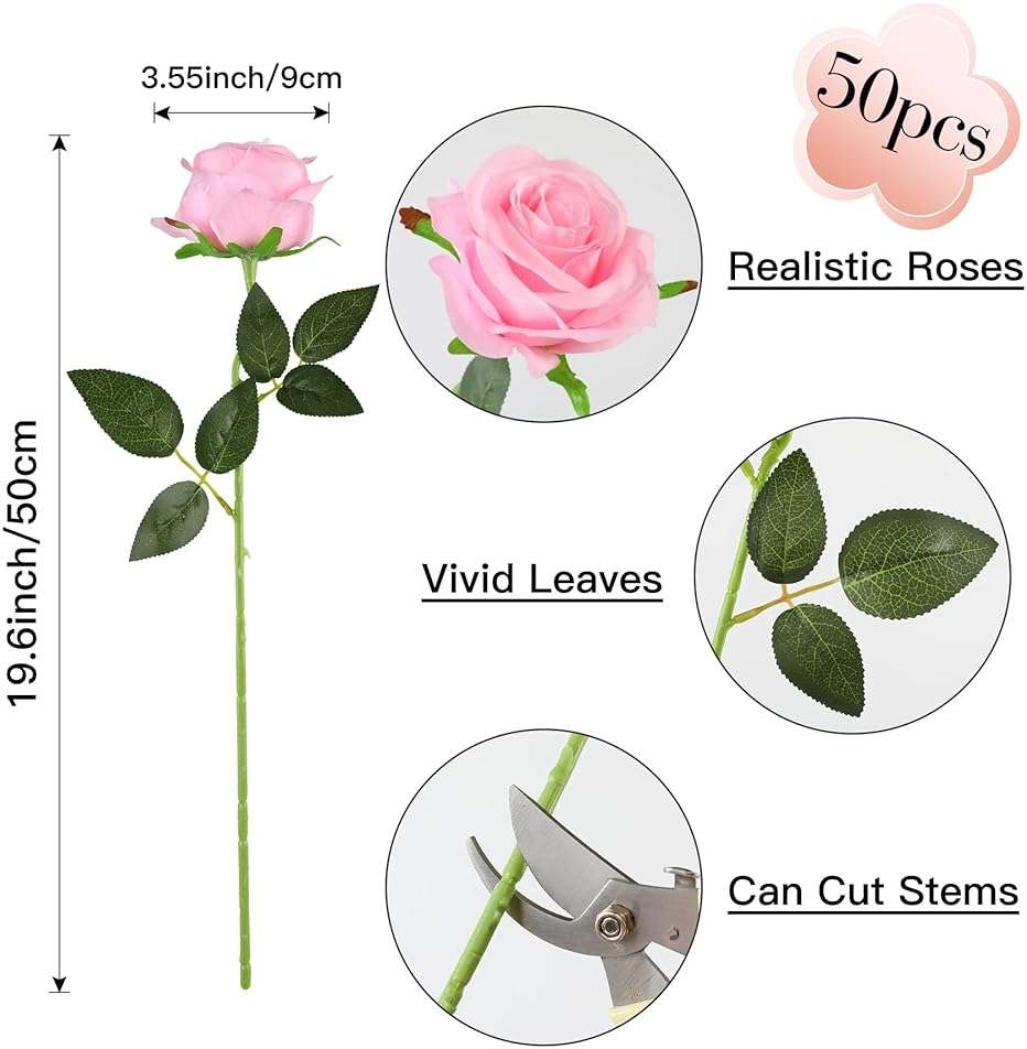 Nubry 50pcs Artificial Silk Roses Bulk,Fake Roses Flower with Stems Realistic Flowers for Wedding Centerpiece Home Party Decor(Pink) - Image 3