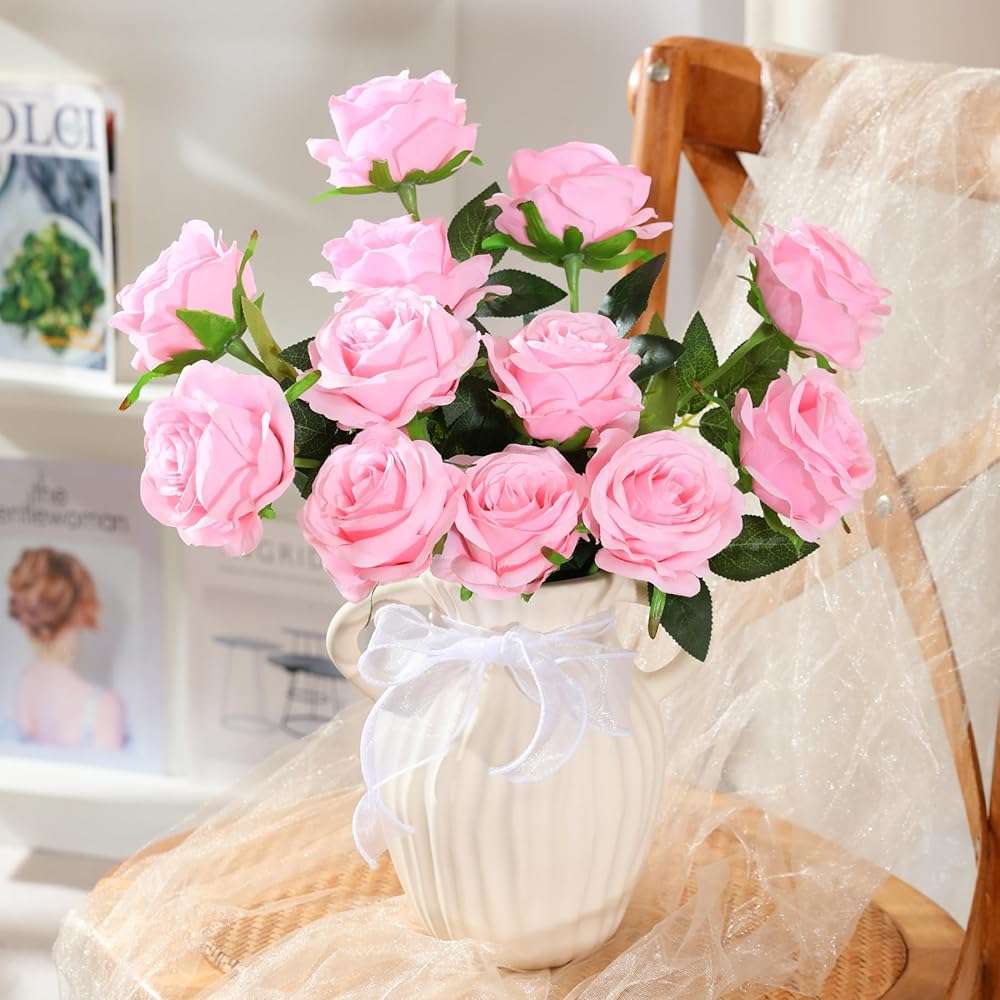 Nubry 50pcs Artificial Silk Roses Bulk,Fake Roses Flower with Stems Realistic Flowers for Wedding Centerpiece Home Party Decor(Pink) - Image 4