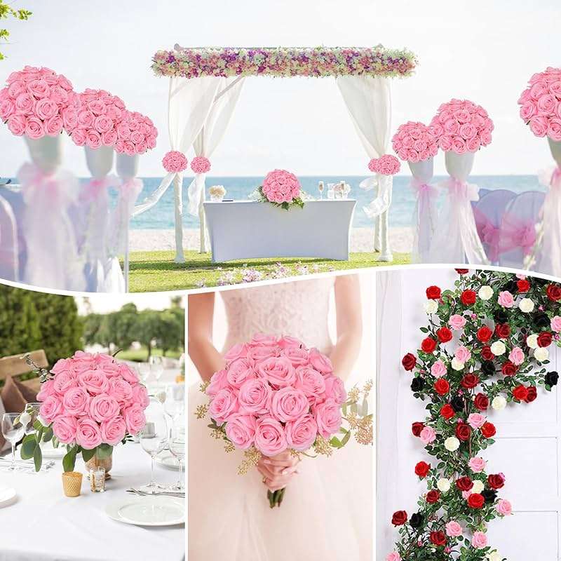 Nubry 50pcs Artificial Silk Roses Bulk,Fake Roses Flower with Stems Realistic Flowers for Wedding Centerpiece Home Party Decor(Pink) - Image 5