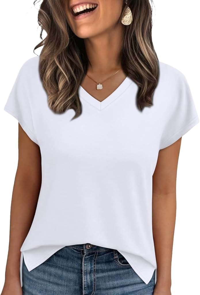 WIHOLL Womens Tops Basic Summer V Neck T Shirts Short Sleeve Dressy Casual Loose Fit Cute Tee Clothes Trendy Fashion Outfits - Product Image
