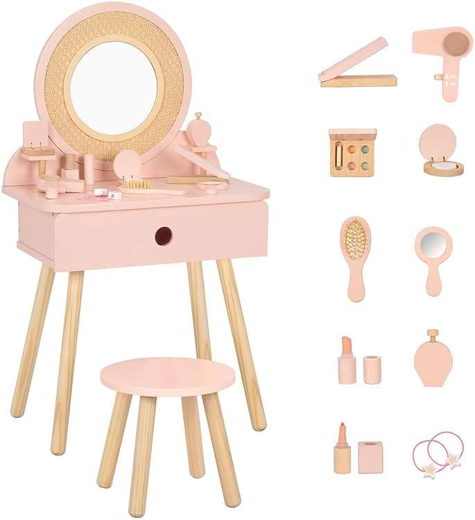 OOOK Kids Vanity Table and Chair Set, Pink Girls Vanity Set with 11 Pcs Accessories, Enough for Real and Pretend Makeup, Toddler Vanity for 3-5 Year Old and Up as Ideal Gift - Image 1