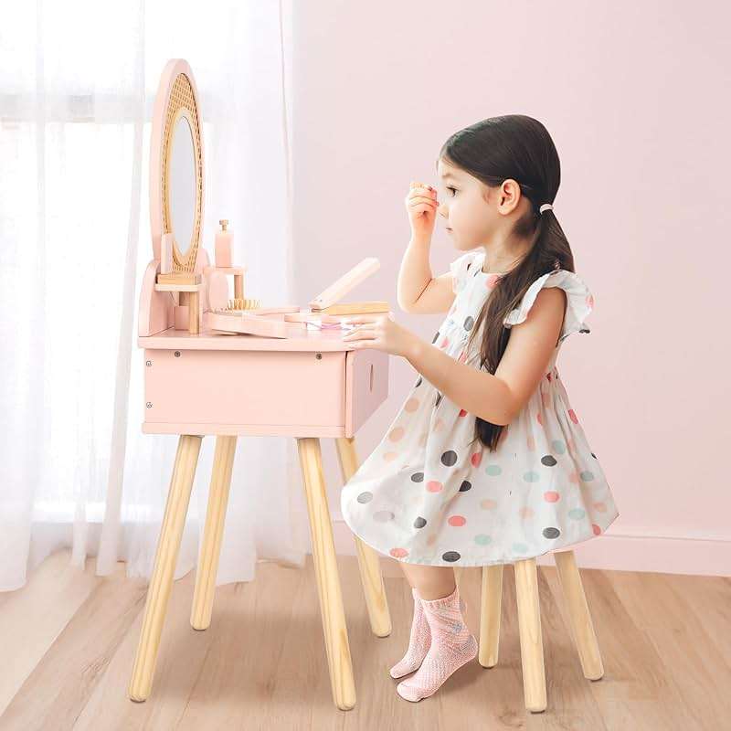 OOOK Kids Vanity Table and Chair Set, Pink Girls Vanity Set with 11 Pcs Accessories, Enough for Real and Pretend Makeup, Toddler Vanity for 3-5 Year Old and Up as Ideal Gift - Image 2