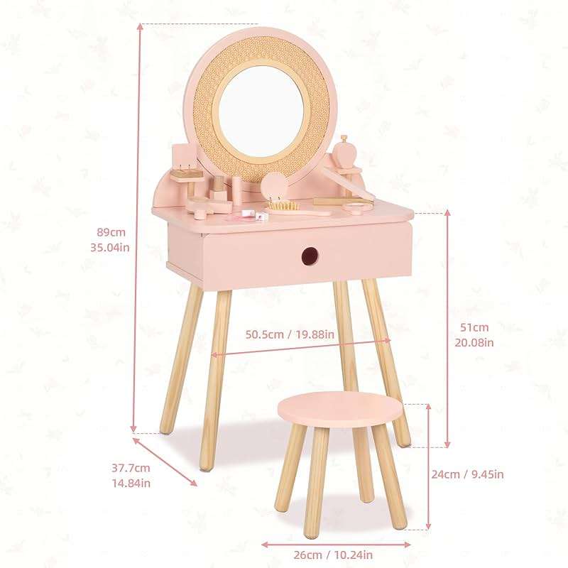OOOK Kids Vanity Table and Chair Set, Pink Girls Vanity Set with 11 Pcs Accessories, Enough for Real and Pretend Makeup, Toddler Vanity for 3-5 Year Old and Up as Ideal Gift - Image 3