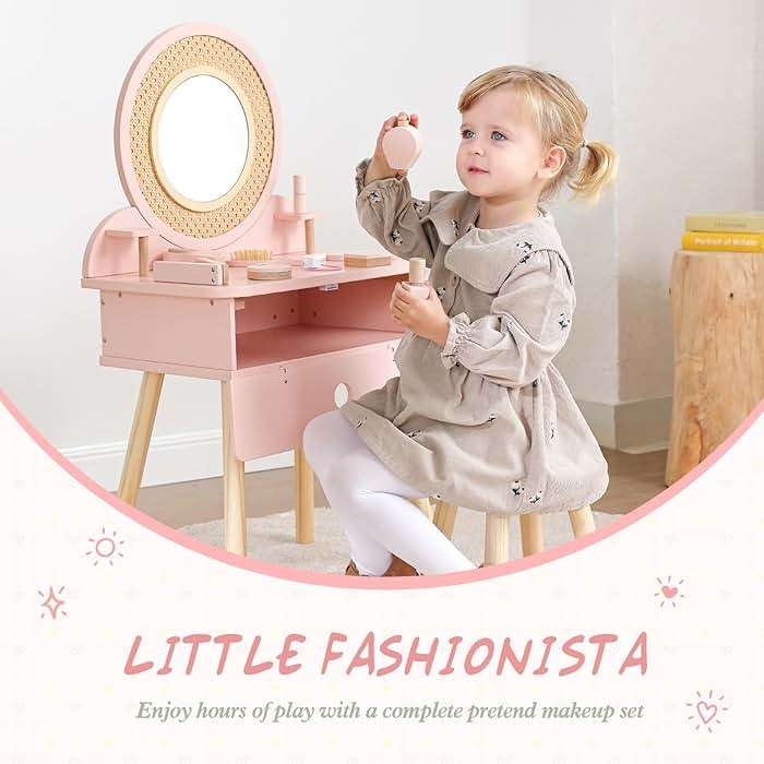 OOOK Kids Vanity Table and Chair Set, Pink Girls Vanity Set with 11 Pcs Accessories, Enough for Real and Pretend Makeup, Toddler Vanity for 3-5 Year Old and Up as Ideal Gift - Image 4