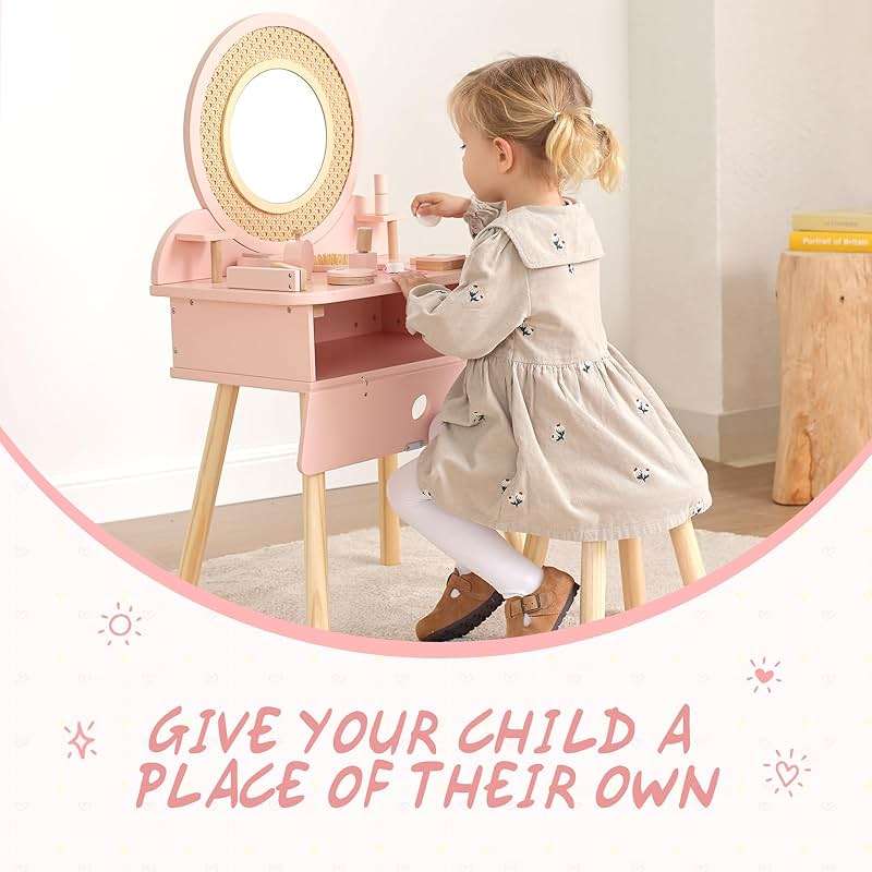 OOOK Kids Vanity Table and Chair Set, Pink Girls Vanity Set with 11 Pcs Accessories, Enough for Real and Pretend Makeup, Toddler Vanity for 3-5 Year Old and Up as Ideal Gift - Image 5