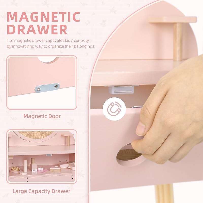 OOOK Kids Vanity Table and Chair Set, Pink Girls Vanity Set with 11 Pcs Accessories, Enough for Real and Pretend Makeup, Toddler Vanity for 3-5 Year Old and Up as Ideal Gift - Image 6