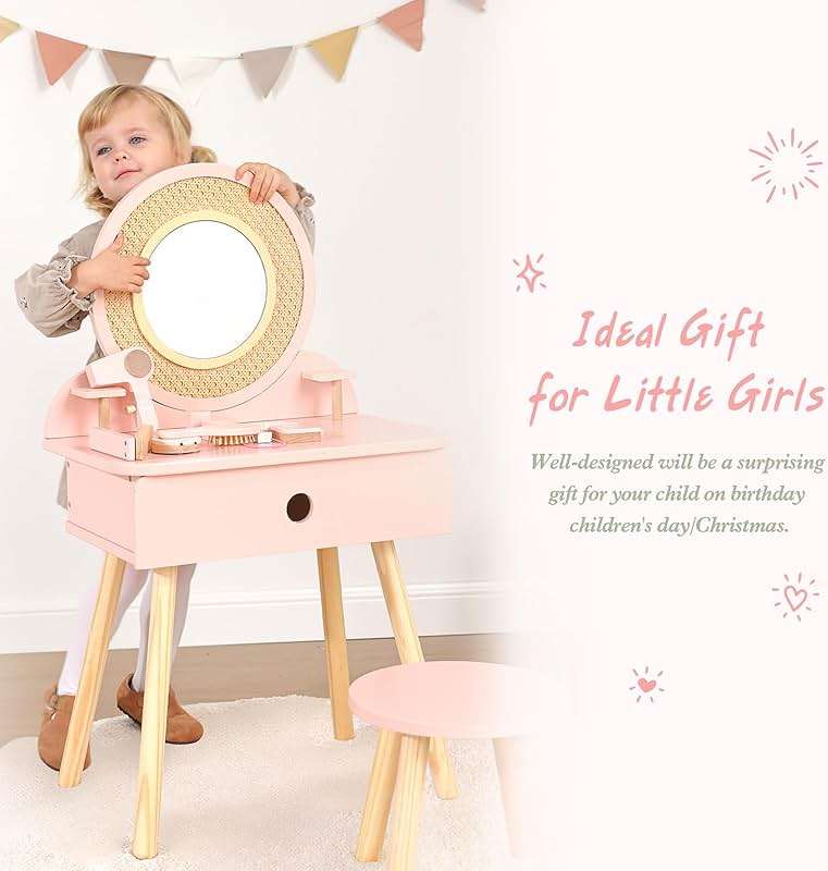 OOOK Kids Vanity Table and Chair Set, Pink Girls Vanity Set with 11 Pcs Accessories, Enough for Real and Pretend Makeup, Toddler Vanity for 3-5 Year Old and Up as Ideal Gift - Image 7