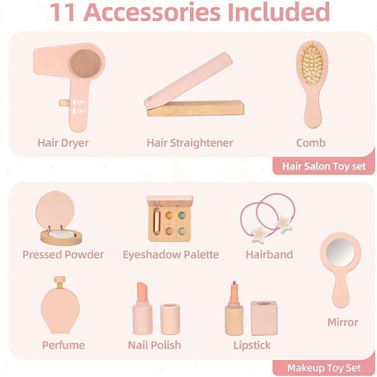 OOOK Kids Vanity Table and Chair Set, Pink Girls Vanity Set with 11 Pcs Accessories, Enough for Real and Pretend Makeup, Toddler Vanity for 3-5 Year Old and Up as Ideal Gift - Image 9