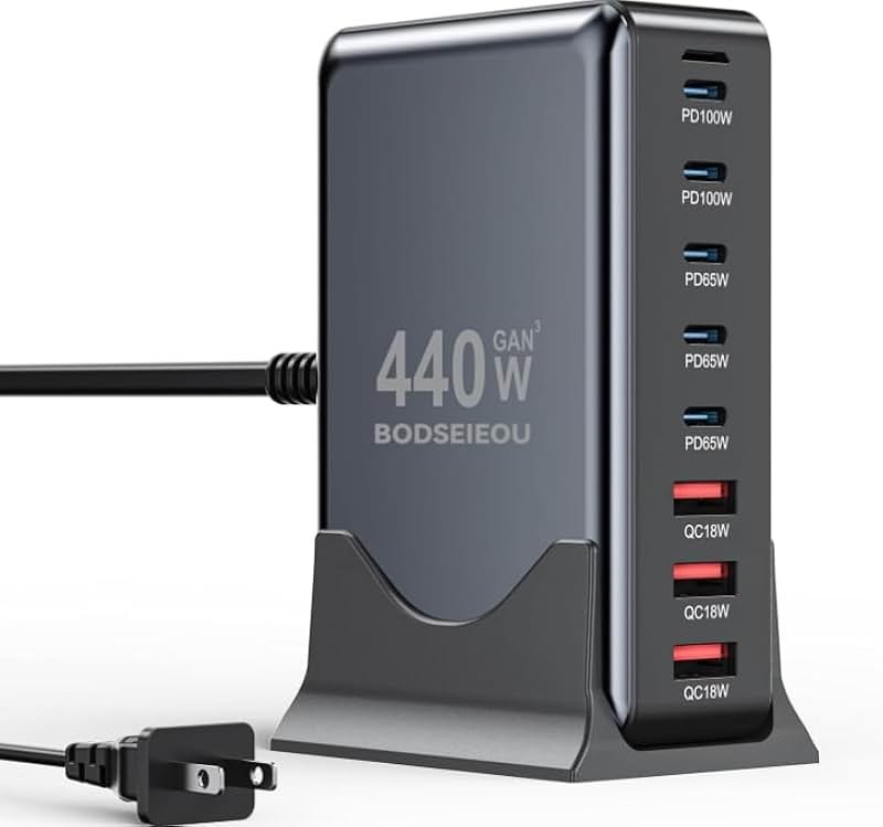 BODSEIEOU USB C Charger Block 440W Charging Station Hub,8 Port GaN III Fast Charging Brick with 5ft Extension Cord,PD PPS 100W Laptop Power Adapter for MacBook Pro/Air,iPhone 17/16,Samsung Galaxy,Dell - Product Image