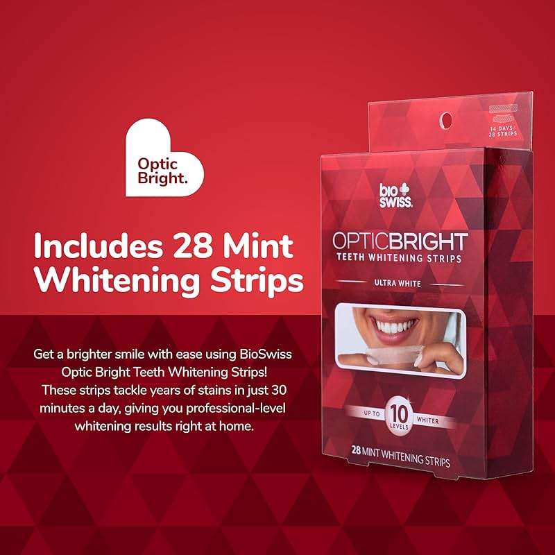 BioSwiss Teeth Whitening Strips, Optic Bright Ultra White Mint Tooth Whitener Strip Set, Pack of 28, Red Box - Image 2