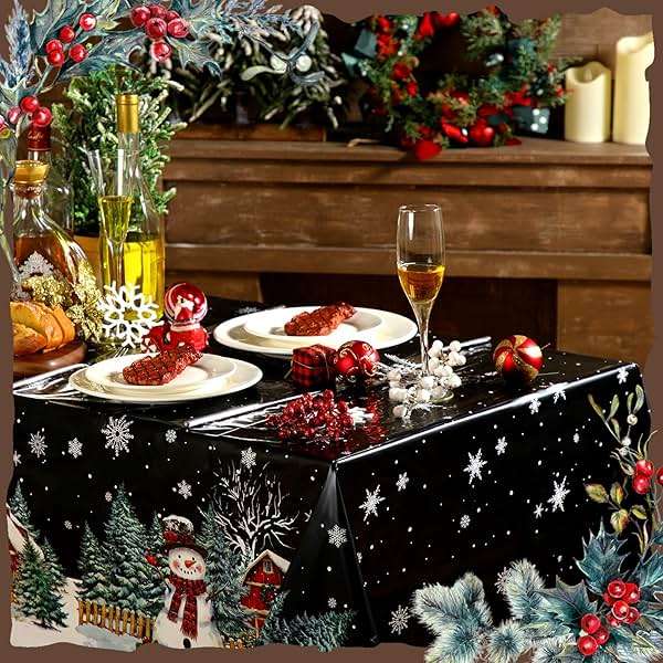 FuWeave 4 Pcs Christmas Disposable Tablecloth 108 x 54 Inch Black Christmas Plastic Tablecloth Rectangle Snowman Table Cloth Tablecover Waterproof Table Cover for Holiday Party Decorations(Black) - Image 2