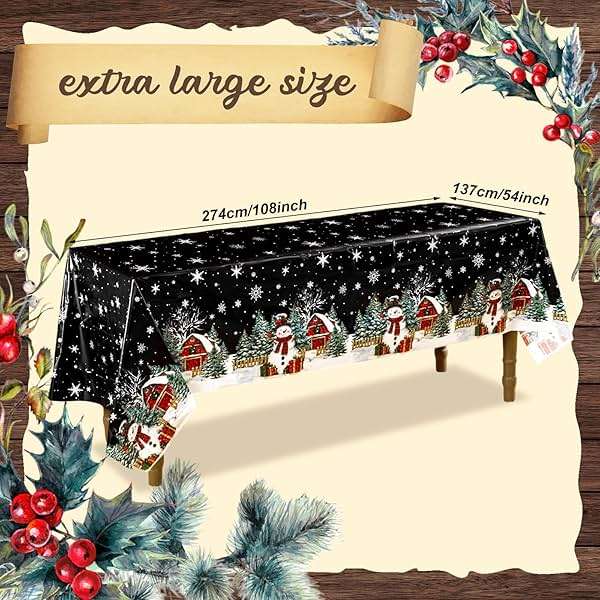 FuWeave 4 Pcs Christmas Disposable Tablecloth 108 x 54 Inch Black Christmas Plastic Tablecloth Rectangle Snowman Table Cloth Tablecover Waterproof Table Cover for Holiday Party Decorations(Black) - Image 3