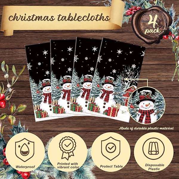 FuWeave 4 Pcs Christmas Disposable Tablecloth 108 x 54 Inch Black Christmas Plastic Tablecloth Rectangle Snowman Table Cloth Tablecover Waterproof Table Cover for Holiday Party Decorations(Black) - Image 4