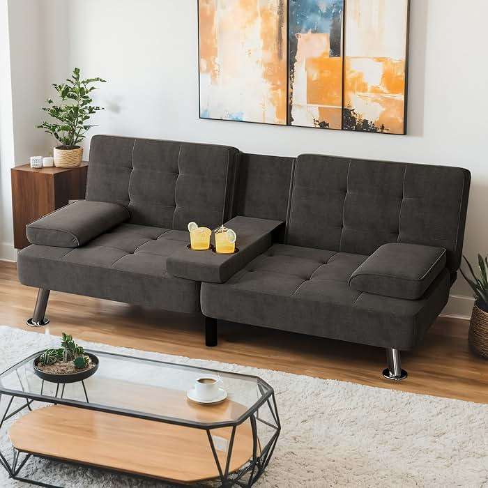 Shahoo Modern Linen Upholstered Convertible Folding Futon Sofa Bed with Removable Armrests, Metal Legs, 2 Cup Holders for Living Room, Black - Image 1