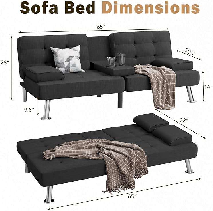 Shahoo Modern Linen Upholstered Convertible Folding Futon Sofa Bed with Removable Armrests, Metal Legs, 2 Cup Holders for Living Room, Black - Image 2