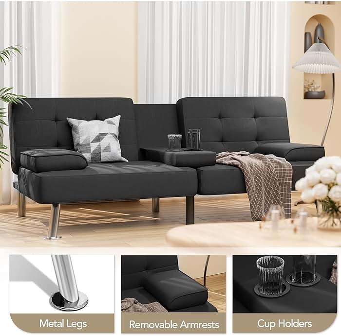 Shahoo Modern Linen Upholstered Convertible Folding Futon Sofa Bed with Removable Armrests, Metal Legs, 2 Cup Holders for Living Room, Black - Image 3