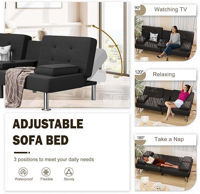 Shahoo Modern Linen Upholstered Convertible Folding Futon Sofa Bed with Removable Armrests, Metal Legs, 2 Cup Holders for Living Room, Black - Image 4
