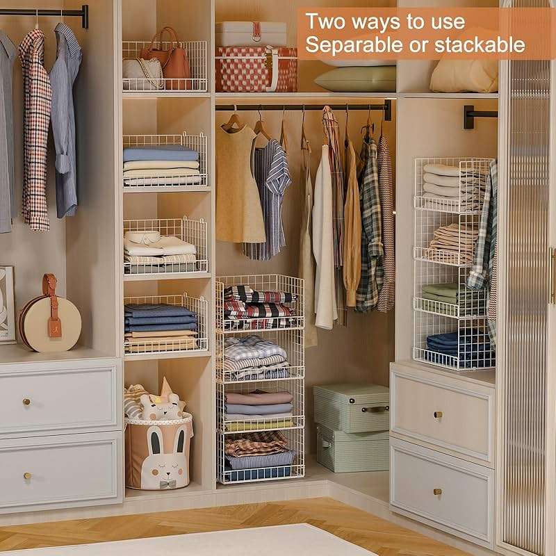 Yociyoga 4-Tier Stackable Closet Organizers and Storage Basket, Foldable Closet Shelf Organizer System, Space-Saving Clothes Storage Drawer Organizer for Wardrobe, White ((Patent 30022416)) - Image 2