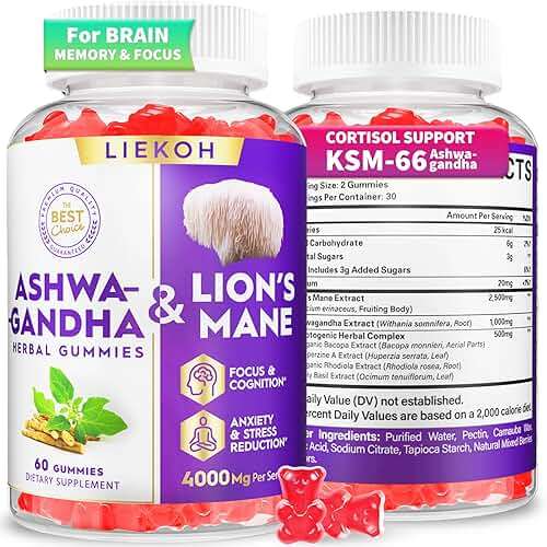Ashwagandha Gummies - Organic Ashwagandha & Lions Mane Gummies for Adults with 4 Adaptogenic Herb for Stress, Cognitive & Immune Support| Cortisol Supplements for Women & Men, Berry Flavor - 60 Counts - Image 1
