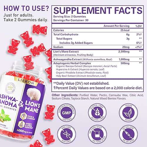 Ashwagandha Gummies - Organic Ashwagandha & Lions Mane Gummies for Adults with 4 Adaptogenic Herb for Stress, Cognitive & Immune Support| Cortisol Supplements for Women & Men, Berry Flavor - 60 Counts - Image 2