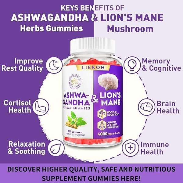 Ashwagandha Gummies - Organic Ashwagandha & Lions Mane Gummies for Adults with 4 Adaptogenic Herb for Stress, Cognitive & Immune Support| Cortisol Supplements for Women & Men, Berry Flavor - 60 Counts - Image 4