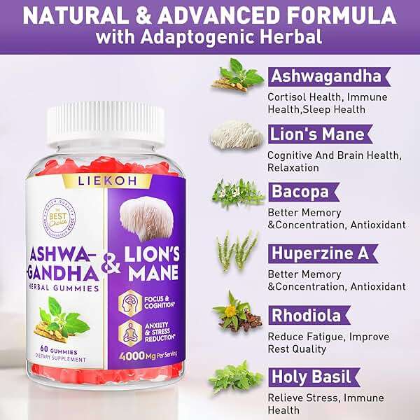Ashwagandha Gummies - Organic Ashwagandha & Lions Mane Gummies for Adults with 4 Adaptogenic Herb for Stress, Cognitive & Immune Support| Cortisol Supplements for Women & Men, Berry Flavor - 60 Counts - Image 7