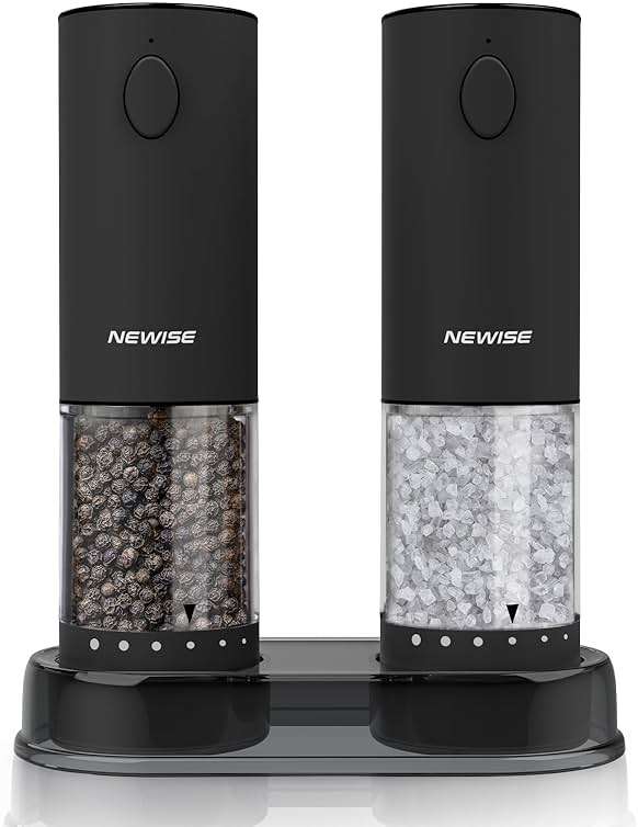 Newise Electric Salt & Pepper Grinder Set, Rechargeable with LED Light & External Coarseness Adjustment, One-Hand Operation, Perfect Kitchen Gift for Home Cooks & Families - Black - Image 1