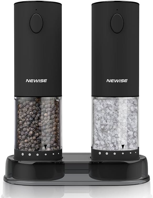 Newise Electric Salt & Pepper Grinder Set, Rechargeable with LED Light & External Coarseness Adjustment, One-Hand Operation, Perfect Kitchen Gift for Home Cooks & Families - Black - Product Image