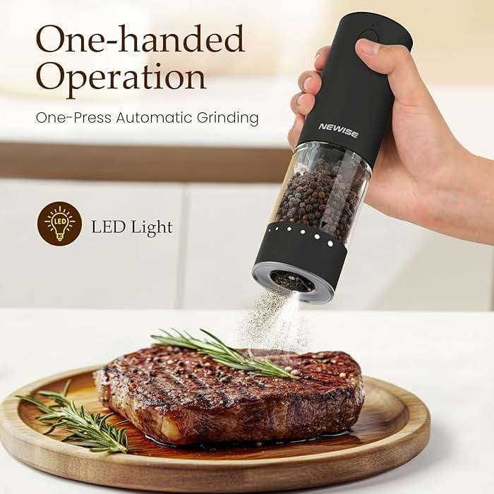 Newise Electric Salt & Pepper Grinder Set, Rechargeable with LED Light & External Coarseness Adjustment, One-Hand Operation, Perfect Kitchen Gift for Home Cooks & Families - Black - Image 2