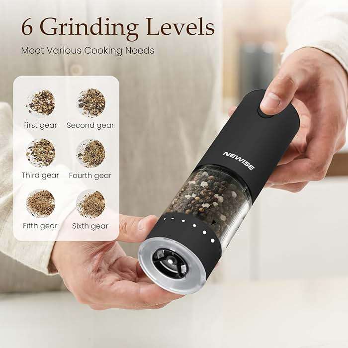Newise Electric Salt & Pepper Grinder Set, Rechargeable with LED Light & External Coarseness Adjustment, One-Hand Operation, Perfect Kitchen Gift for Home Cooks & Families - Black - Image 3