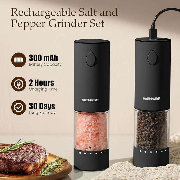 Newise Electric Salt & Pepper Grinder Set, Rechargeable with LED Light & External Coarseness Adjustment, One-Hand Operation, Perfect Kitchen Gift for Home Cooks & Families - Black - Image 4