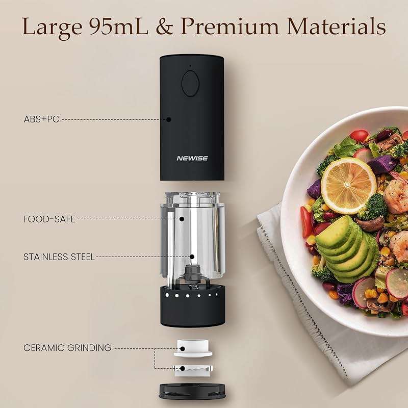 Newise Electric Salt & Pepper Grinder Set, Rechargeable with LED Light & External Coarseness Adjustment, One-Hand Operation, Perfect Kitchen Gift for Home Cooks & Families - Black - Image 5