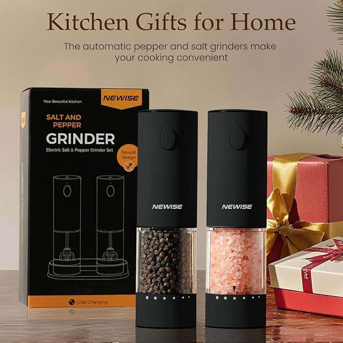 Newise Electric Salt & Pepper Grinder Set, Rechargeable with LED Light & External Coarseness Adjustment, One-Hand Operation, Perfect Kitchen Gift for Home Cooks & Families - Black - Image 7