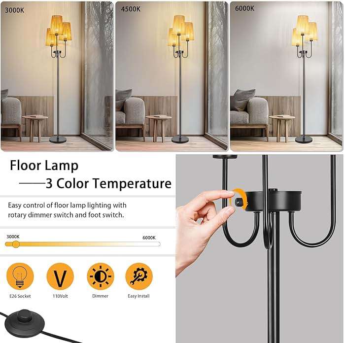 MKPAEI 3 Lights Boho Floor Lamp for Living Room, Farmhouse Standing Lamp with Rattan Shades and Bulbs, Adjustable Color Temperature, 65" Rustic Tree Tall Lamps for Bedroom,Office, ON/Off Foot Switch - Image 2