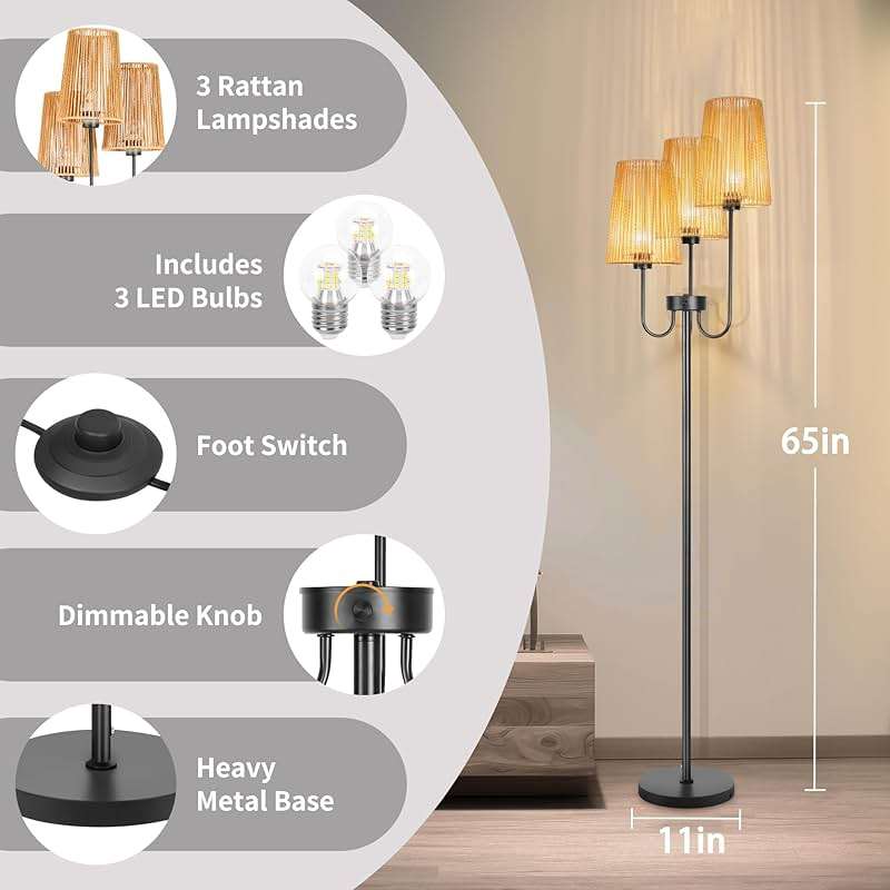 MKPAEI 3 Lights Boho Floor Lamp for Living Room, Farmhouse Standing Lamp with Rattan Shades and Bulbs, Adjustable Color Temperature, 65" Rustic Tree Tall Lamps for Bedroom,Office, ON/Off Foot Switch - Image 3