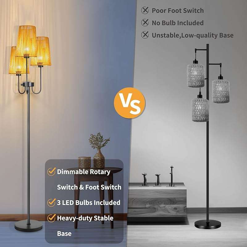 MKPAEI 3 Lights Boho Floor Lamp for Living Room, Farmhouse Standing Lamp with Rattan Shades and Bulbs, Adjustable Color Temperature, 65" Rustic Tree Tall Lamps for Bedroom,Office, ON/Off Foot Switch - Image 5