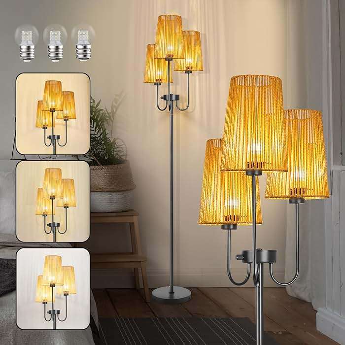 MKPAEI 3 Lights Boho Floor Lamp for Living Room, Farmhouse Standing Lamp with Rattan Shades and Bulbs, Adjustable Color Temperature, 65" Rustic Tree Tall Lamps for Bedroom,Office, ON/Off Foot Switch - Image 8