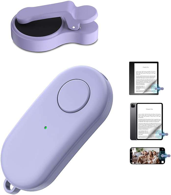 Remote Control Page Turner for Kindle Paperwhite Oasis Kobo eReaders,Kindle Clicker Page Turner Accessories for iPhone,iPad, Android Tablets Reading Novels,Camera Video Record&Shutter Selfie (Purple) - Image 1