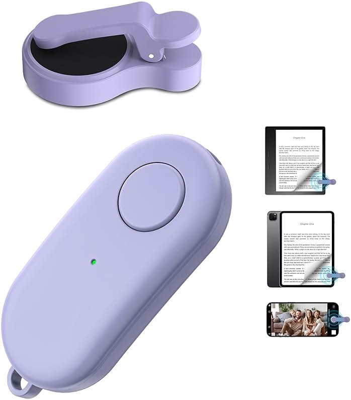 Remote Control Page Turner for Kindle Paperwhite Oasis Kobo eReaders,Kindle Clicker Page Turner Accessories for iPhone,iPad, Android Tablets Reading Novels,Camera Video Record&Shutter Selfie (Purple) - Product Image
