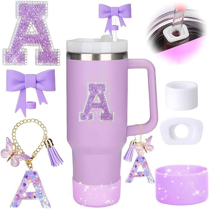 MOTEERLLU 6pcs Purple Stanley Cup Accessories Set,Bow Straw Cover for Stanley Cup 30oz 40oz, Including Straw Topper,Spill Proof Stopper,Sparkly Silicone Boot Set,Handle Charm,Initials Sticker (A) - Image 1