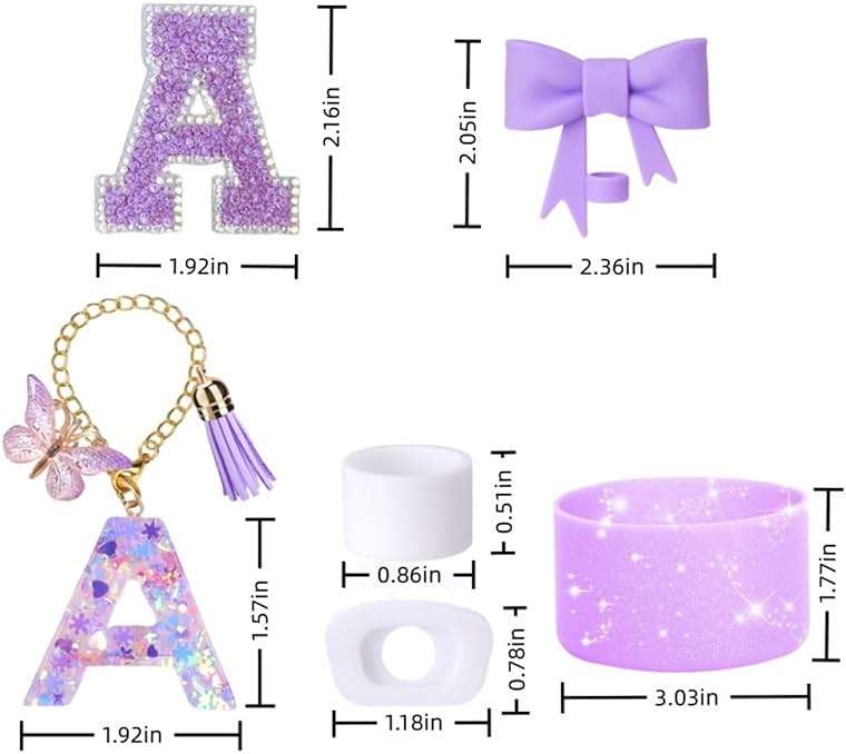 MOTEERLLU 6pcs Purple Stanley Cup Accessories Set,Bow Straw Cover for Stanley Cup 30oz 40oz, Including Straw Topper,Spill Proof Stopper,Sparkly Silicone Boot Set,Handle Charm,Initials Sticker (A) - Image 3