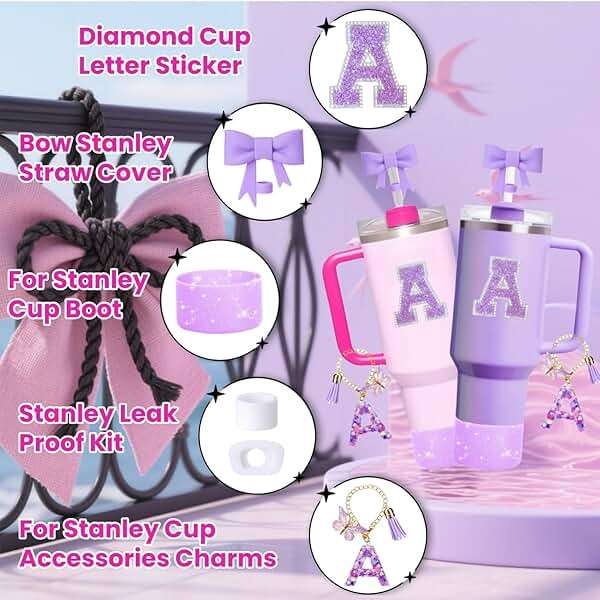 MOTEERLLU 6pcs Purple Stanley Cup Accessories Set,Bow Straw Cover for Stanley Cup 30oz 40oz, Including Straw Topper,Spill Proof Stopper,Sparkly Silicone Boot Set,Handle Charm,Initials Sticker (A) - Image 4