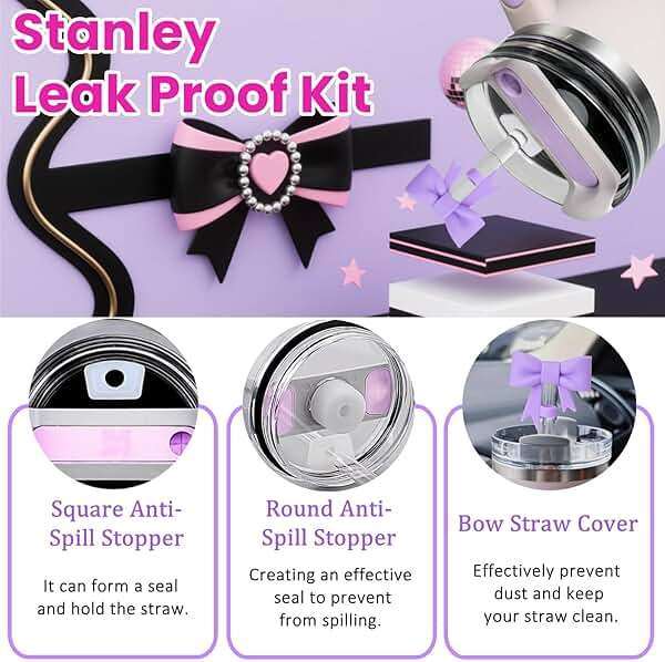 MOTEERLLU 6pcs Purple Stanley Cup Accessories Set,Bow Straw Cover for Stanley Cup 30oz 40oz, Including Straw Topper,Spill Proof Stopper,Sparkly Silicone Boot Set,Handle Charm,Initials Sticker (A) - Image 5