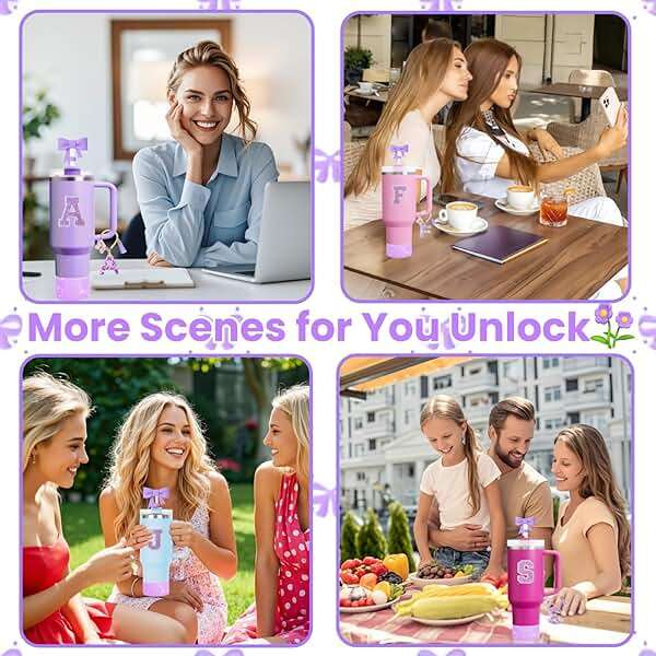 MOTEERLLU 6pcs Purple Stanley Cup Accessories Set,Bow Straw Cover for Stanley Cup 30oz 40oz, Including Straw Topper,Spill Proof Stopper,Sparkly Silicone Boot Set,Handle Charm,Initials Sticker (A) - Image 7